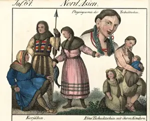 Koryak people holding spears and fish