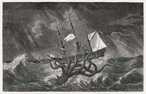 Attacking Collection: Kraken attacking ship during a storm