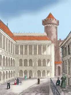 Cracow Prints: Krakow. Wawel Royal Castle. Colored engraving