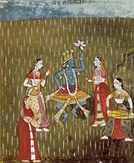 Lotus Prints: Krishna with a lotus flower and Radha dancing in