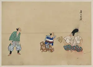 Disk Prints: Kyogen play with three characters, one wearing a large hat a