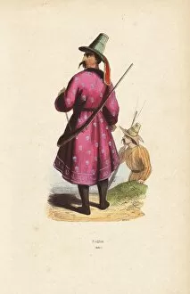 Kyrgyz man in tall hat, coat over boots, carrying a musket