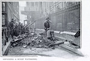 Digging Collection: Labour digging up a narrow road for repairs on a burst waterpipe in London. Date: 1901