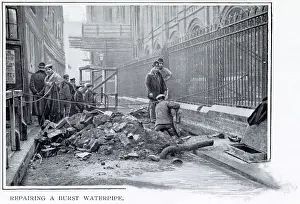 New Images July 2023 Prints: Labour digging up a narrow road for repairs on a burst waterpipe in London. Date: 1901