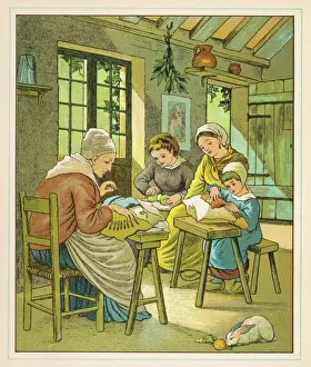Cushion Prints: Lace making at home in Caen, Normandy, France