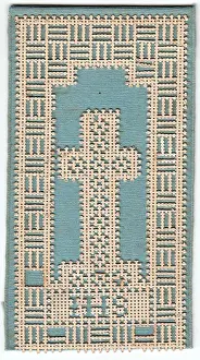 Fretwork Prints: Lacy cross on a pale blue background on a greetings card