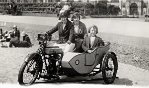 Three ladies on a 1923 Rudge Multi motorcycle & sidecar