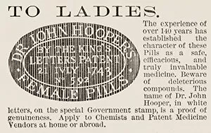 Medicines Collection: To Ladies. Advert for Dr John Hoopers Female Pills. Date: 1886
