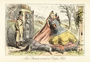 Images Dated 1st July 2020: Ladies in crinolines embracing in front of a coach
