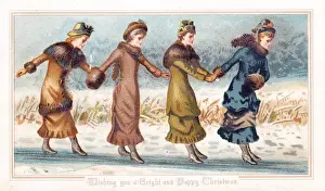Careful Prints: Four ladies on the ice on a Christmas card
