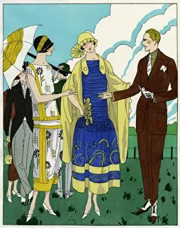 Ruched Prints: Two ladies in outfits by Philippe et Gaston and Drecoll