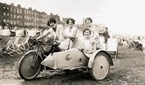 Gerrard Prints: Four Ladies sitting on a 1920 New Gerrard motorcycle & sidec