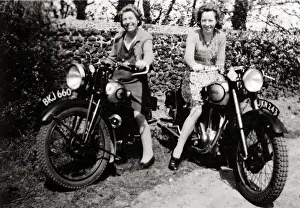 Norton Prints: Ladies sitting on 1935 & 1950 motorcycles