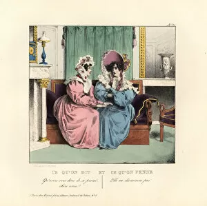 Two ladies on a sofa in a parlour