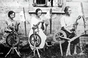 Ladies spinning wool, Horodoc, Poland, early 1900s