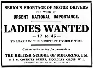 Adverts Gallery: Ladies Wanted as drivers, WW1 advertisement