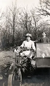 Sidecar Prints: Lady on 1920 Royal Enfield motorcycle combination with boy
