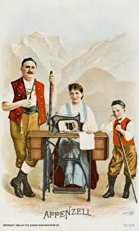 Appenzell Prints: Lady from Appenzell using a Singer Sewing Machine