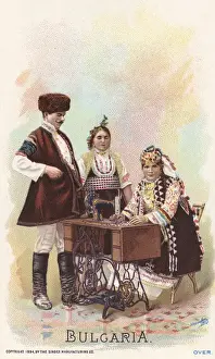 Bulgaria Prints: Lady from Bulgaria using a Singer Sewing Machine
