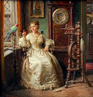 Images Dated 24th February 2014: Lady conversing with a parrot by Fortunino Matania