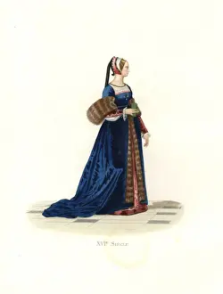 Fur Lined Prints: Lady at the court of Francis I in a red silk dress covered by a fur-lined robe of blue silk