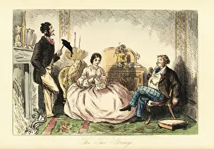 Images Dated 30th June 2020: Lady in crinoline dress with two gentlemen callers