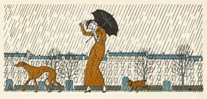 Lady & Dogs in Rain