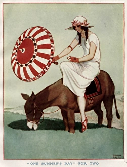 Images Dated 9th January 2012: Lady and Donkey ride through a lush meadow