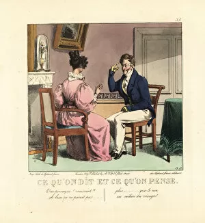 Lady and gentleman wearing a wig in a parlor, 19th century