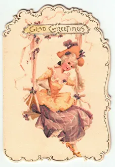 Glad Prints: Lady in historical costume on a swing on a greetings card