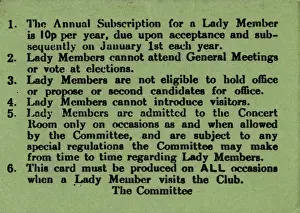 Membership Prints: Lady Members conditions for membership at Working Mens Clubs
