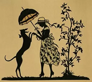 Lady with parasol and dog in a garden