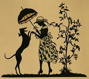 Flowery Prints: Lady with parasol and dog in a garden