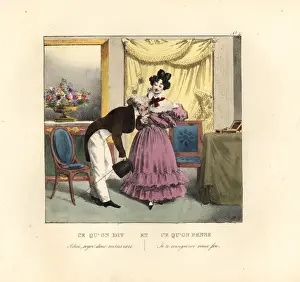 Parlor Prints: Lady in a parlor being kissed goodbye by an old man