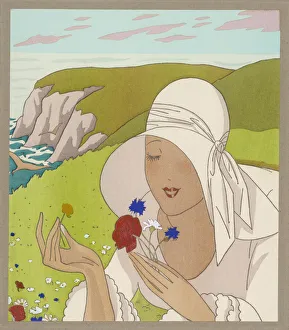 Grassy Collection: Lady picking wild flowers at the seaside