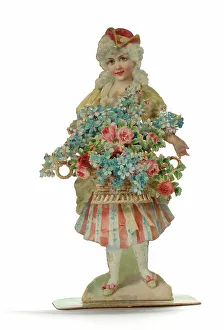 Images Dated 4th May 2018: Lady with pink and blue flowers on a greetings card
