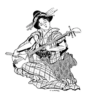 Samisen Prints: A lady playing a shamisen, a Japanese musical instrument