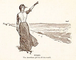 Adoration Gallery: Lady points skyward with golf club in hand by the sea Date: 1900