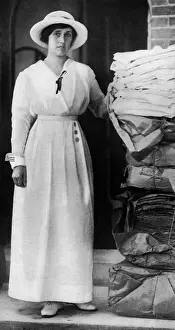 Shirts Prints: Lady Quilter with pile of comforts for troops, WW1