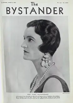 Baroness Prints: Lady Ravensdale, formal studio portrait with large pearl earrings