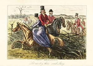 Images Dated 1st July 2020: Lady riding side-saddle on a horse stuck in a fence