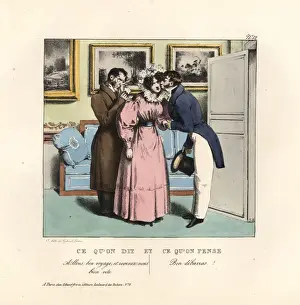 Petites Prints: Lady saying goodbye to a gentleman in a parlour