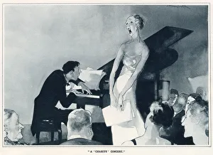 Pianist Prints: A lady sings to an audience for a charitable cause. Date: 1933