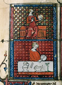Lady sitting with a dove (top) and a man cutting bread (bott Lady sitting with a dove (top) and a man cutting bread (bott