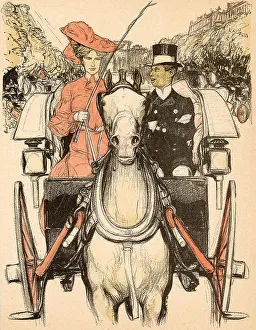 Drives Prints: The lady takes the reins while her groom watches admiringly. Date: 1902