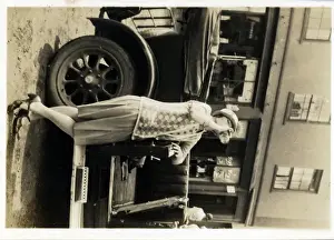 Dunster Prints: Lady & Vintage Car, Dunster, Somerset