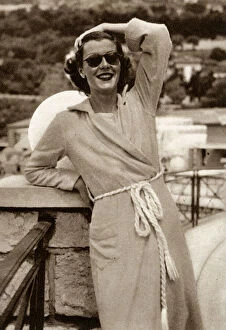 Lady Warwick in a beach robe at Monte Carlo