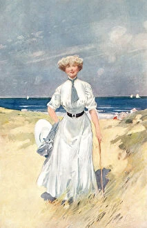 Grassy Collection: Lady In White Dress By The Sea