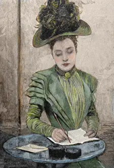Quill Prints: Lady writing a letter. Colored engraving from 1888
