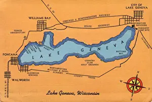 Williams Prints: Lake Geneva, Wisconsin, USA - map of lake and surrounding area Date: 1936
